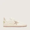 Damen-Sneaker „Ball Star“ aus weißem Leder mit Kristallstern und metallischer Fersenlasche