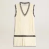 Damen-Westenkleid aus gewaschener weißer Baumwolle mit dunkelblauen Rippbündchen und Kristallen
