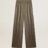 Grüne Damenhose aus einer Viskose-Seiden-Mischung mit Blumenmuster
