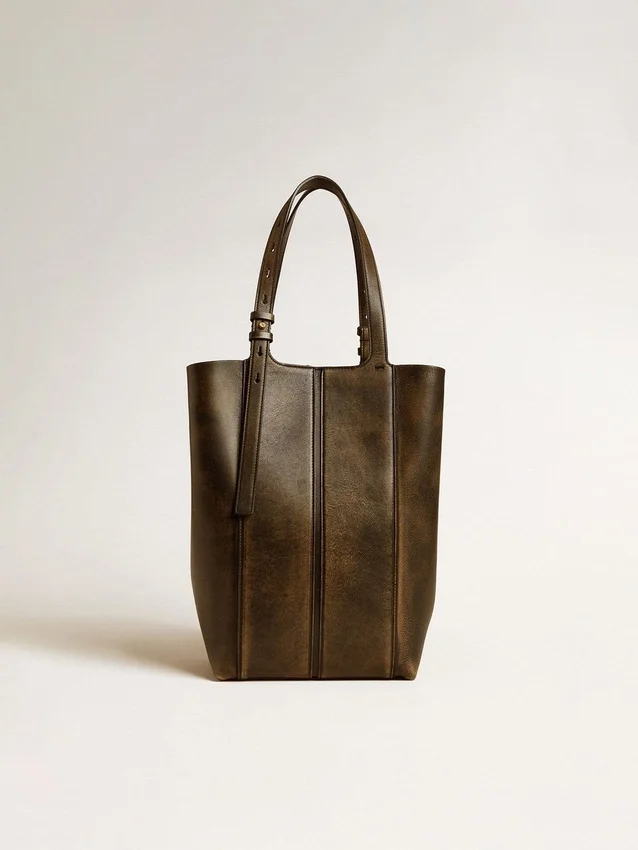 24/7-Tasche „North South“ aus schwarzem, auf Alt getrimmtem Leder mit verstellbaren Tragegriffen