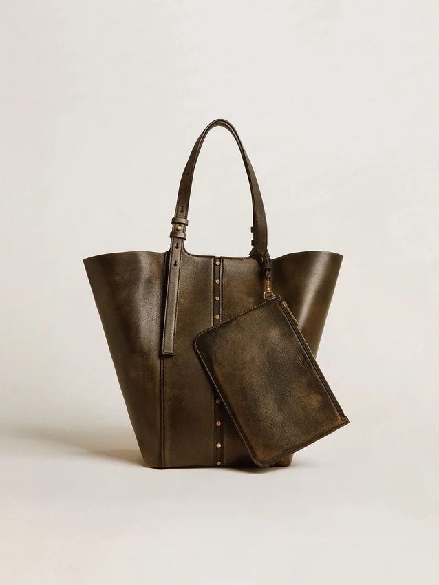 24/7-Tasche „North South“ aus schwarzem, auf Alt getrimmtem Leder mit verstellbaren Tragegriffen