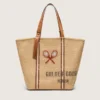 24,7 Tote aus naturbelassener Raffia und braunem Leder mit goldenen Metalldetails
