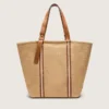 24,7 Tote aus naturbelassener Raffia und braunem Leder mit goldenen Metalldetails