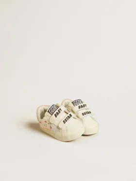 Baby-School-Schuhe aus Nappaleder mit rosa Rosenmotiv und weißem Stern aus Wildleder