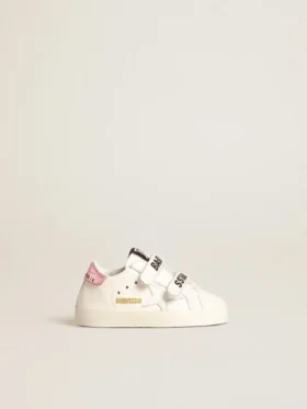 Baby-School-Set aus weißem Nappaleder mit rosa Lederlasche an der Ferse