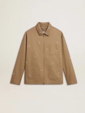 Beige Herrenjacke mit Blumenstickerei und durchgehendem Reißverschluss