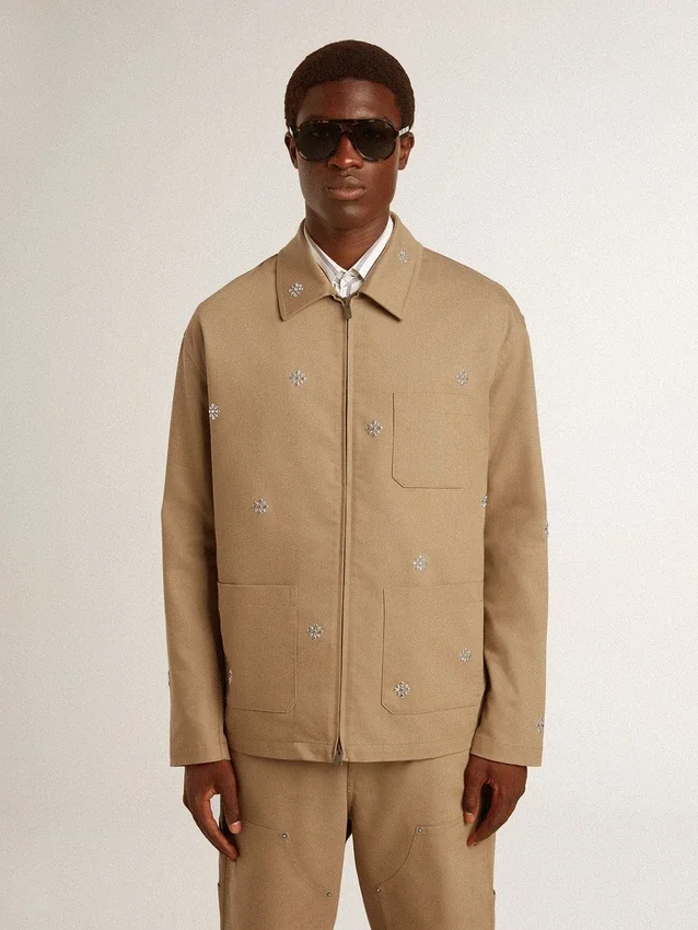 Beige Herrenjacke mit Blumenstickerei und durchgehendem Reißverschluss