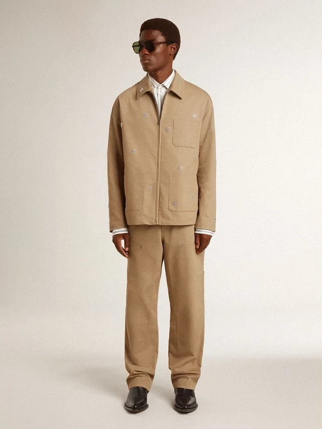 Beige Herrenjacke mit Blumenstickerei und durchgehendem Reißverschluss