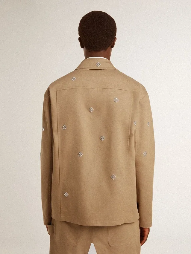 Beige Herrenjacke mit Blumenstickerei und durchgehendem Reißverschluss