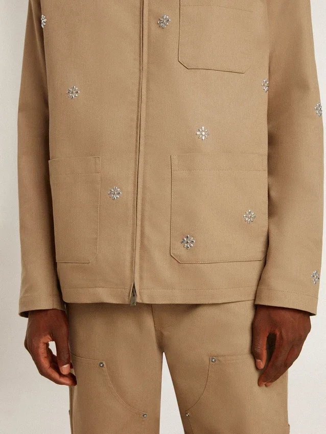 Beige Herrenjacke mit Blumenstickerei und durchgehendem Reißverschluss