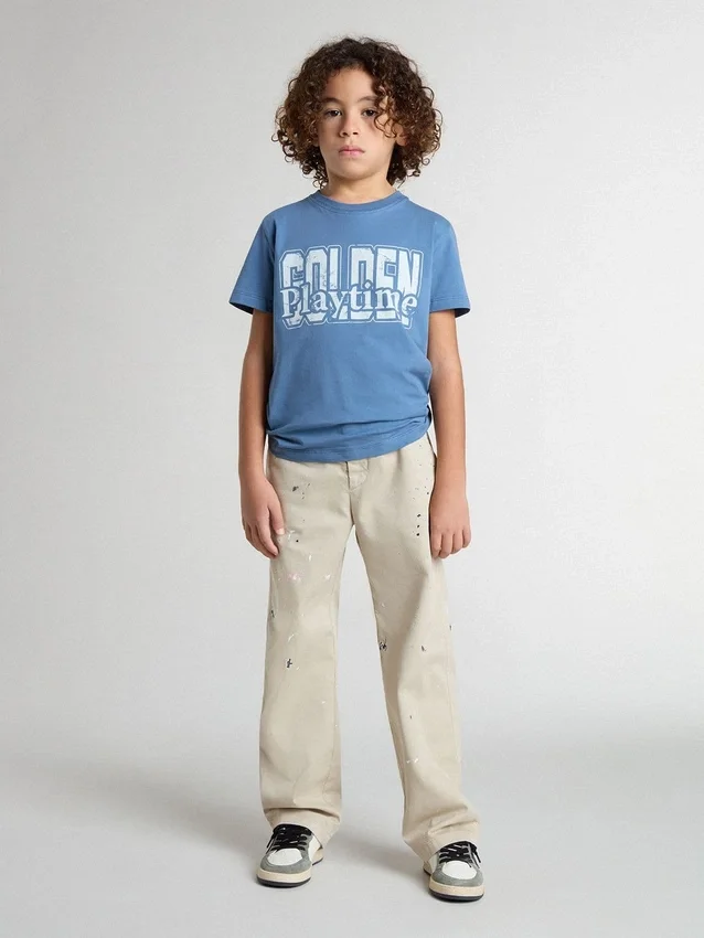 Beigefarbene Chino-Hose für Kinder mit bunten Farbtupfern