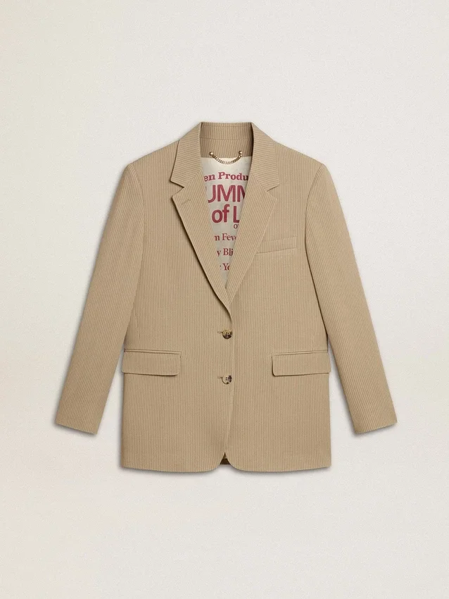 Beigefarbene, einreihige Damenjacke mit Nadelstreifen und Oversize-Passform