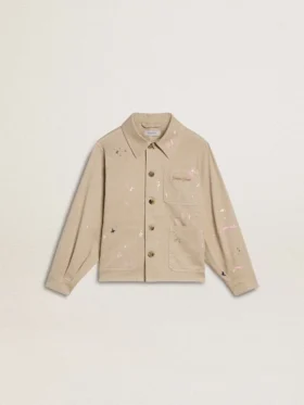 Beigefarbene Kinderjacke mit bunten Farbtupfern
