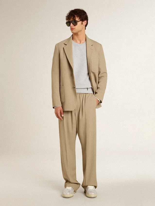 Beigefarbene Nadelstreifen-Einreiherjacke für Herren mit Oversize-Passform
