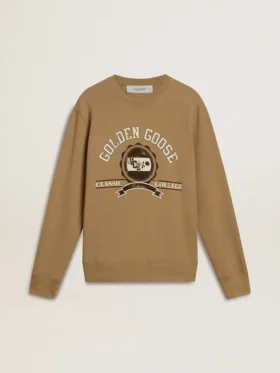 Beiges Herren-Sweatshirt aus Baumwolle mit Aufdruck auf der Vorderseite