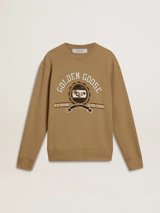 Beiges Herren-Sweatshirt aus Baumwolle mit Aufdruck auf der Vorderseite