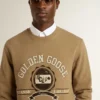 Beiges Herren-Sweatshirt aus Baumwolle mit Aufdruck auf der Vorderseite