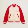 Bomberjacke in Used-Look in Weiß und Rot mit Stickerei