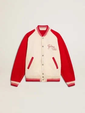 Bomberjacke in Used-Look in Weiß und Rot mit Stickerei