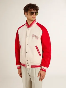 Bomberjacke in Used-Look in Weiß und Rot mit Stickerei