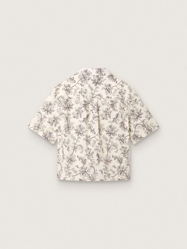 Boxy-Baumwollhemd für Damen mit schwarz-weißem Blumenprint