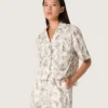 Boxy-Baumwollhemd für Damen mit schwarz-weißem Blumenprint