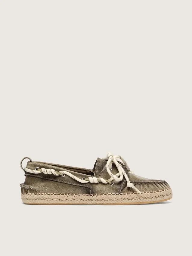 Cruise-Espadrilles für Damen aus militärgrünem Canvas mit weißen Wanderschnürsenkeln