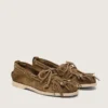 Cruise-Loafer für Damen aus khakifarbenem Wildleder mit Fransen und bunten Perlen