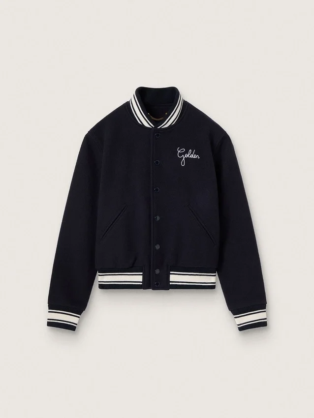 Damen-Bomberjacke aus dunkelblauer Wolle mit weißen Details