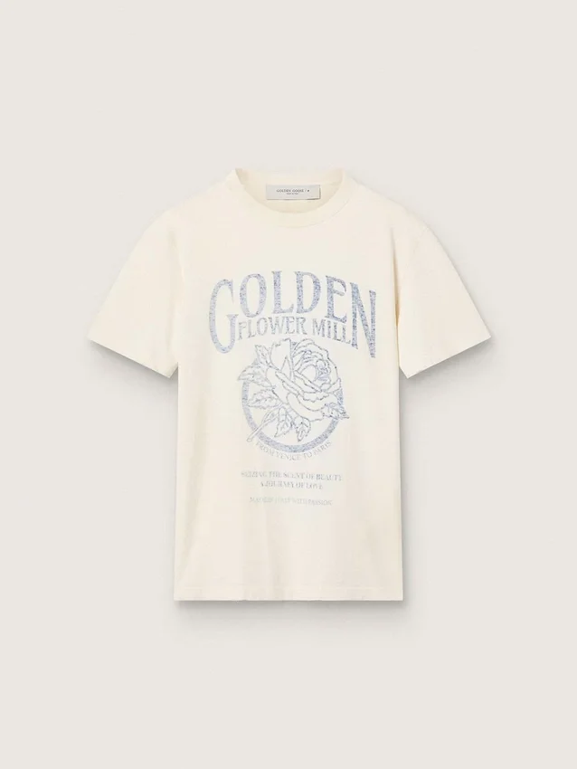 Damen-Hemd aus gealterter weißer Baumwolle mit Vintage-Print