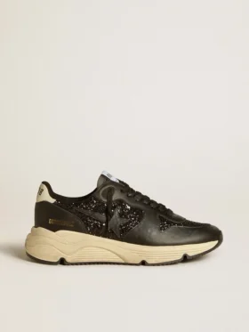 Damen-Laufschuh „Running Sole“ in schwarzem Glitzer mit Lederstern und Fersenlasche aus Nubukleder
