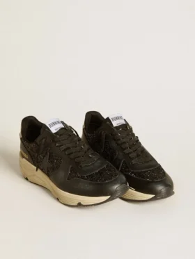Damen-Laufschuh „Running Sole“ in schwarzem Glitzer mit Lederstern und Fersenlasche aus Nubukleder