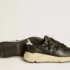 Damen-Laufschuh „Running Sole“ in schwarzem Glitzer mit Lederstern und Fersenlasche aus Nubukleder