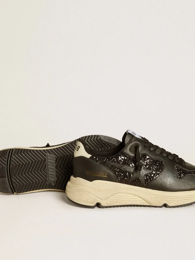 Damen-Laufschuh „Running Sole“ in schwarzem Glitzer mit Lederstern und Fersenlasche aus Nubukleder