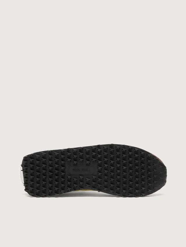 Damen-Marathon aus limettengrünem Nylon mit schwarzem Stern und braunen Wildledereinsätzen