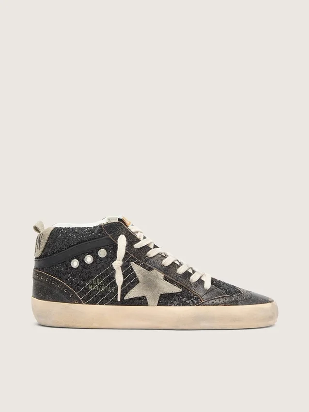 Damen-Mid Star in schwarzem Glitzer mit taubengrauem Wildlederstern und Fersenlasche