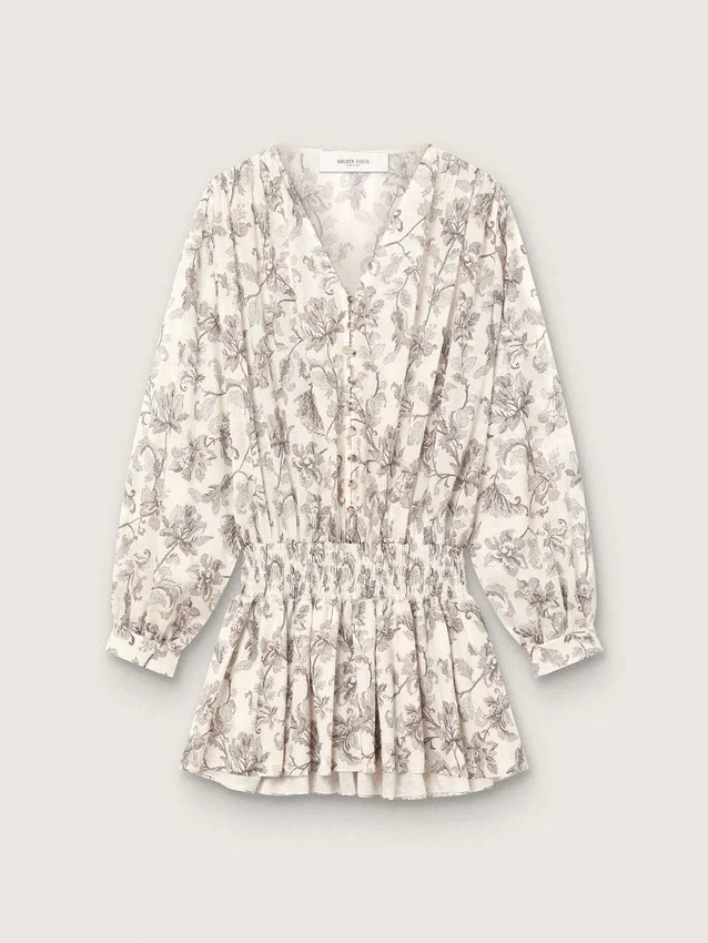 Damen-Minikleid aus Baumwolle mit schwarz-weißem Blumenprint