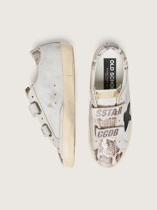 Damen-Old-School-Sneaker aus weißem Leder mit schwarzem Lederstern und Einsätzen im Schlangenprint