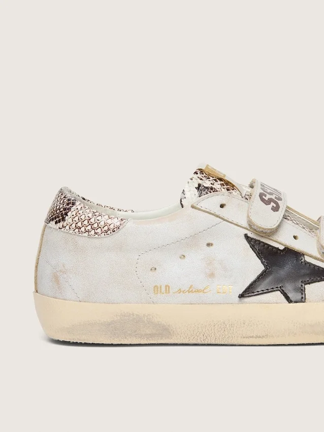 Damen-Old-School-Sneaker aus weißem Leder mit schwarzem Lederstern und Einsätzen im Schlangenprint