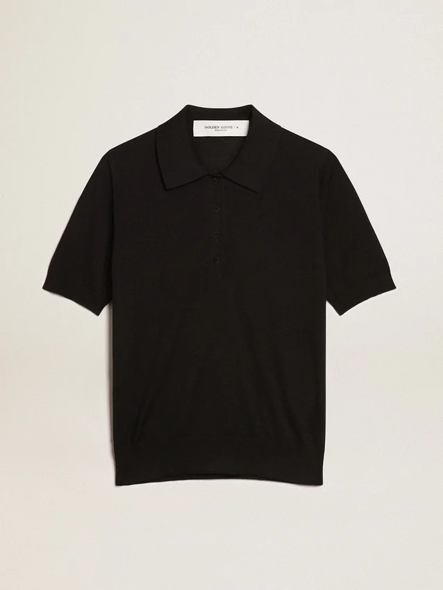 Damen-Poloshirt aus schwarzer Merinowolle