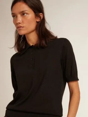 Damen-Poloshirt aus schwarzer Merinowolle