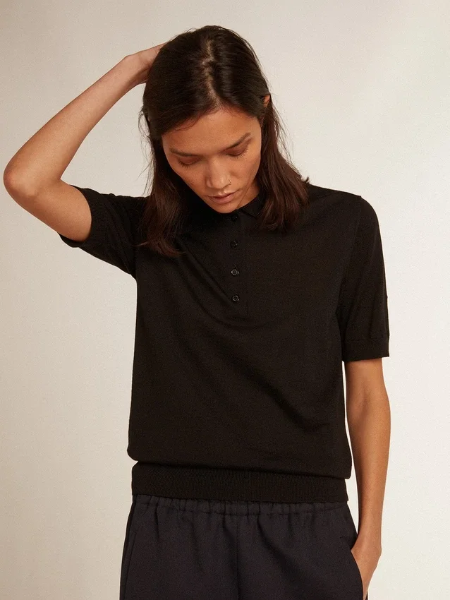 Damen-Poloshirt aus schwarzer Merinowolle