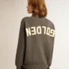 Damen-Pullover mit Rundhalsausschnitt aus dunkelgrauer Baumwolle mit Logo auf der Rückseite