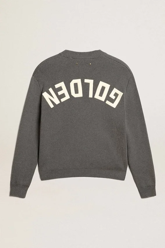 Damen-Pullover mit Rundhalsausschnitt aus dunkelgrauer Baumwolle mit Logo auf der Rückseite