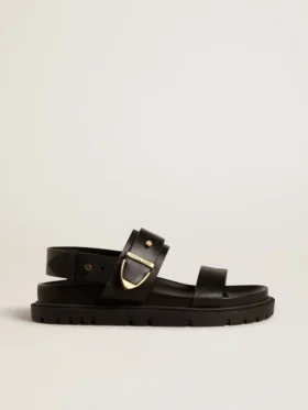 Damen-Sandale „Lucy“ aus glänzendem schwarzem Leder mit goldfarbener Metallschnalle