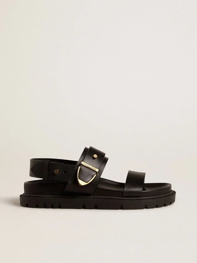 Damen-Sandale „Lucy“ aus glänzendem schwarzem Leder mit goldfarbener Metallschnalle
