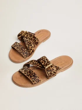 Damen-Sandalen „Margaret“ aus Ponyfell mit Leopardenmuster