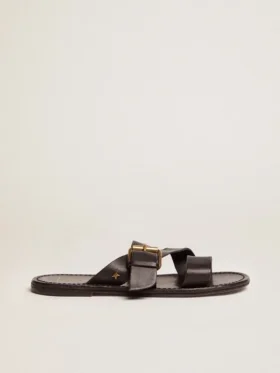 Damen-Sandalen „Margaret“ in Schwarz aus kunstharzbeschichtetem Leder