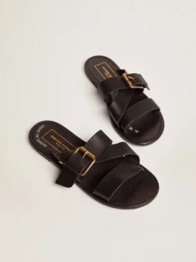 Damen-Sandalen „Margaret“ in Schwarz aus kunstharzbeschichtetem Leder