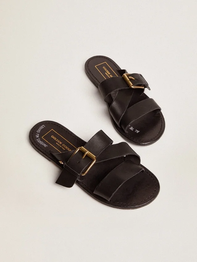 Damen-Sandalen „Margaret“ in Schwarz aus kunstharzbeschichtetem Leder
